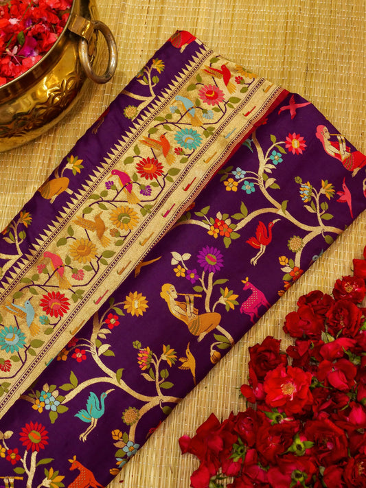 Pure Banarasi Silk Shikargah Saree with Paithani Border