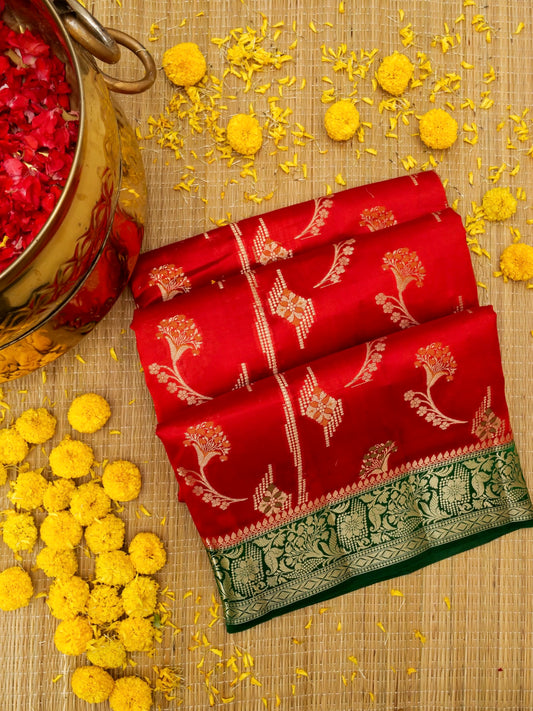 Red Banarasi Katan Silk Saree with All Over Buta Work